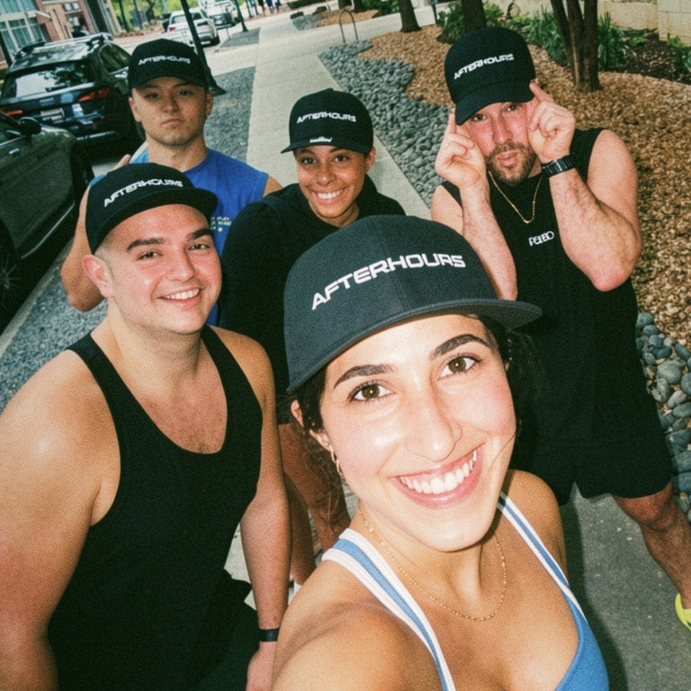 Five friends in Afterhours Blackout hats taking a street selfie